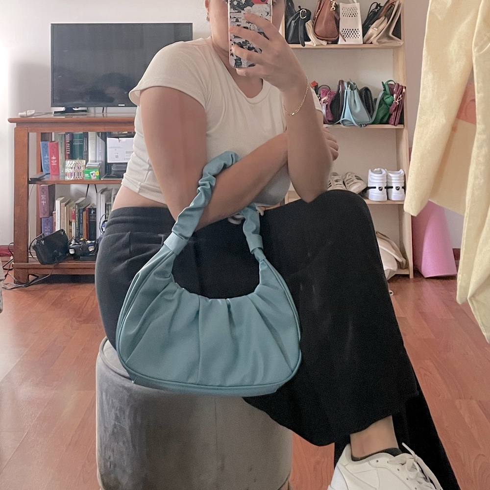 NEW Vegan Faux Leather Teal Purse Ruched Hobo Handbag